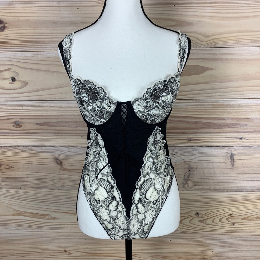 Rien Bodysuit Womens 36 Black Ivory Lace Floral Vintage‎ Lingerie Made in France